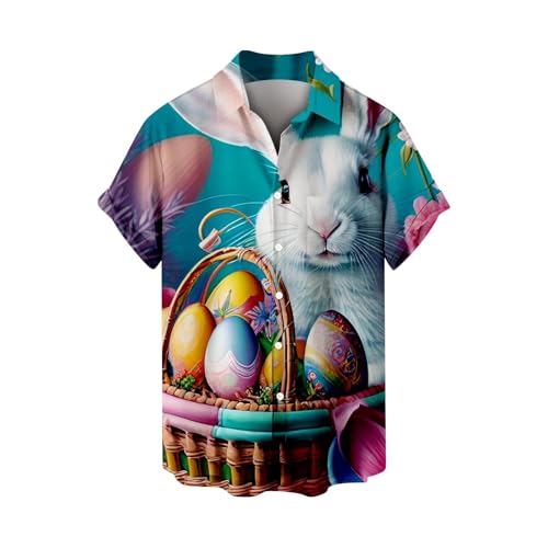 Herren-Osterhemden, Eiersuche, Häschen, bedruckt, groß und hoch, kurzärmelig, Button-Down-Retro-80er-Jahre-Stil, Bowling-Shirts (Blau, Größe 4XL) von SUIBOZ