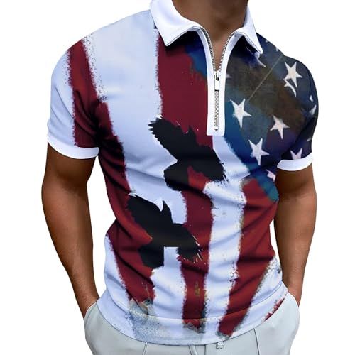 Herren-Poloshirt mit Reißverschluss, modisch, amerikanische Flagge, kurzärmelig, leger, schmale Passform, athletisch, Tennis, Golf, Poloshirt, Tops (Rot, L) von SUIBOZ