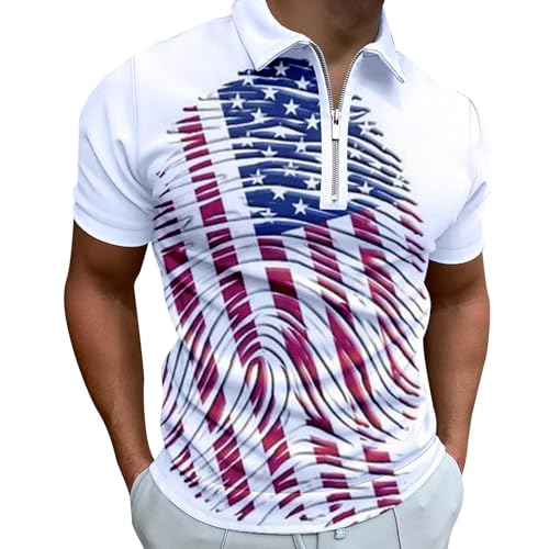 Herren-Poloshirt mit Reißverschluss, modisch, amerikanische Flagge, kurzärmelig, leger, schmale Passform, athletisch, Tennis, Golf, Poloshirt, Tops (Weiß, M) von SUIBOZ