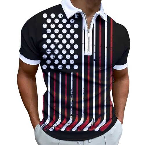 Herren-Poloshirt mit Reißverschluss, modisch, amerikanische Flagge, kurzärmelig, leger, schmale Passform, athletisch, Tennis, Golf, Poloshirt, Tops (schwarz, M) von SUIBOZ