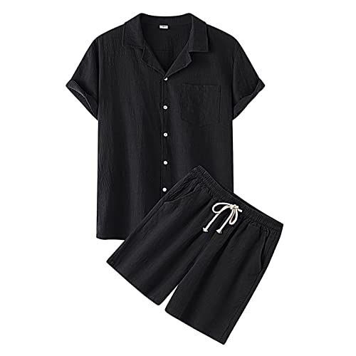 Herren-Pyjama-Set, kurzärmelig, Nachtwäsche, Shorts, Loungewear, Outfits, Trainingsanzüge mit Taschen (Schwarz, S) von SUIBOZ