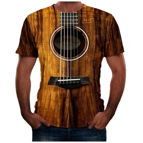 Herren-T-Shirt mit 3D-Fotorealistischer Gitarre, lustig, kreativ, groß und hoch, kurzärmelig, 3D-Druck, Rundhalsausschnitt, Grafik-T-Shirts (Braun, M) von SUIBOZ