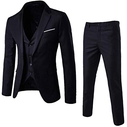 Herrenanzug-Set, 3-teilig, schmale Passform, Ein-Knopf-Blazer, Smoking, Freizeitanzug-Set, Business, Hochzeit, Party, Jacke, Weste und Hose (Schwarz, Größe 3XL) von SUIBOZ