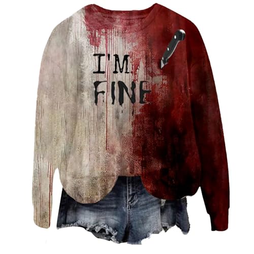 I'm Fine Blutiges Shirt für Damen, lustiges Halloween-Sweatshirt für Damen, langärmelig, Blut, Horror, Kleidung, Blutspritzer, Oberteil (TYPE - 10, M) von SUIBOZ