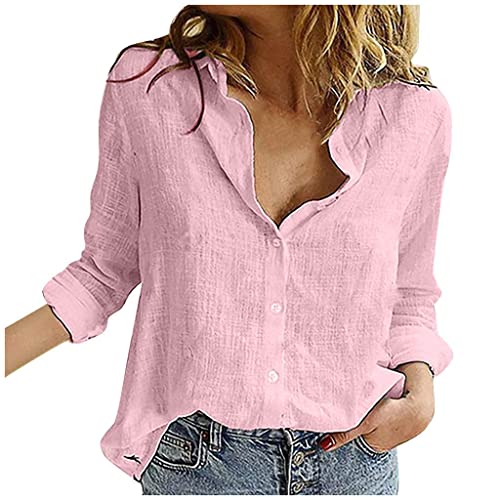 Lässige Damen-Blusen mit V-Ausschnitt, Boho-Blumendruck, aufrollbar, langärmelig, Chiffon, Button-Down-Blusen, Bohemian-Top-Shirts (A_Pink, XL) von SUIBOZ
