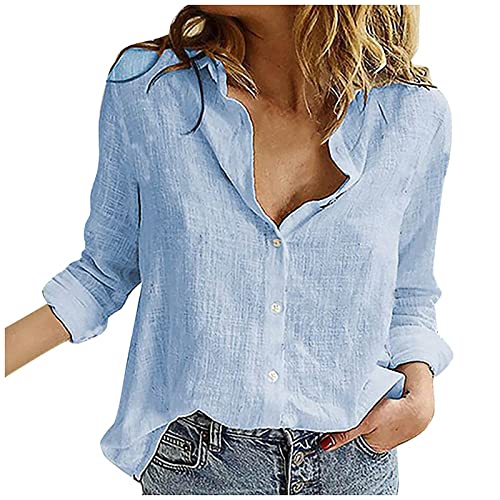 Lässige Damen-Blusen mit V-Ausschnitt, Boho-Blumendruck, aufrollbar, langärmelig, Chiffon, Button-Down-Blusen, Bohemian-Top-Shirts (A_blau, L) von SUIBOZ