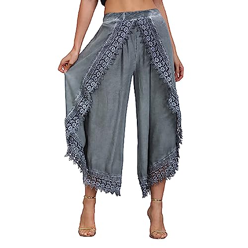 Lässige Hose mit weitem Bein für Damen, Boho, gehäkelt, Quaste, Strandhose, Sommer, Leinen, Caprihose, elastisch, hohe Taille, seitlich geteilte Hose (Grau, S) von SUIBOZ