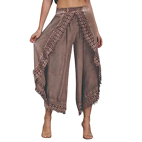 Lässige Hose mit weitem Bein für Damen, Boho, gehäkelt, Quaste, Strandhose, Sommer, Leinen, Caprihose, elastisch, hohe Taille, seitlich geteilte Hose (Khaki, S) von SUIBOZ