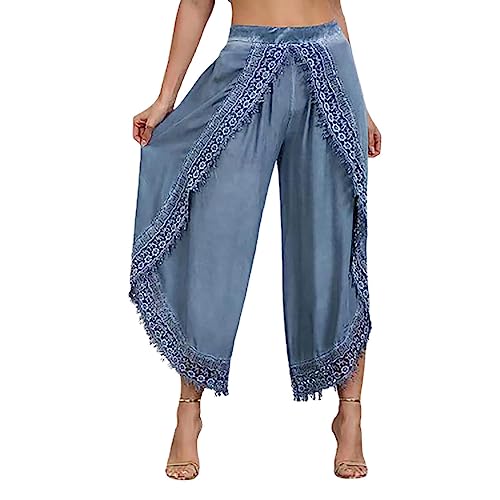 Lässige Hose mit weitem Bein für Damen, Boho, gehäkelt, Quaste, Strandhose, Sommer, Leinen, Caprihose, elastisch, hohe Taille, seitlich geteilte Hose (Marineblau, S) von SUIBOZ