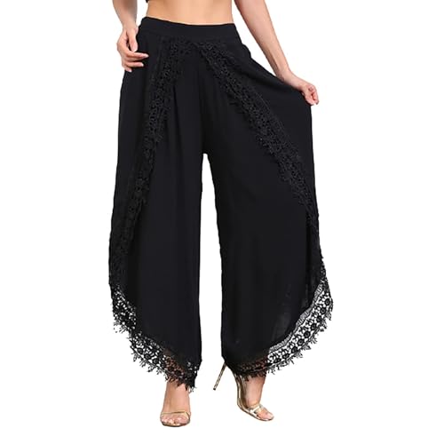 Lässige Hose mit weitem Bein für Damen, Boho, gehäkelt, Quaste, Strandhose, Sommer, Leinen, Caprihose, elastisch, hohe Taille, seitlich geteilte Hose (Schwarz, XXL) von SUIBOZ
