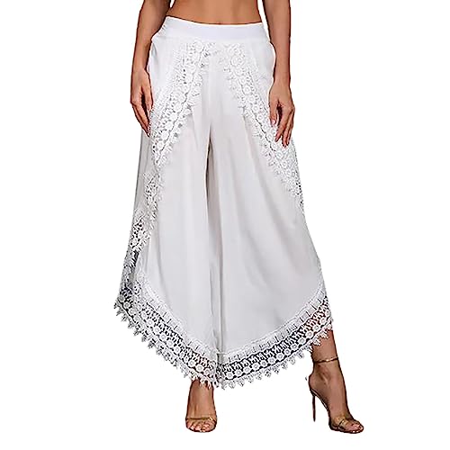 Lässige Hose mit weitem Bein für Damen, Boho, gehäkelt, Quaste, Strandhose, Sommer, Leinen, Caprihose, elastisch, hohe Taille, seitlich geteilte Hose (Weiß, L) von SUIBOZ
