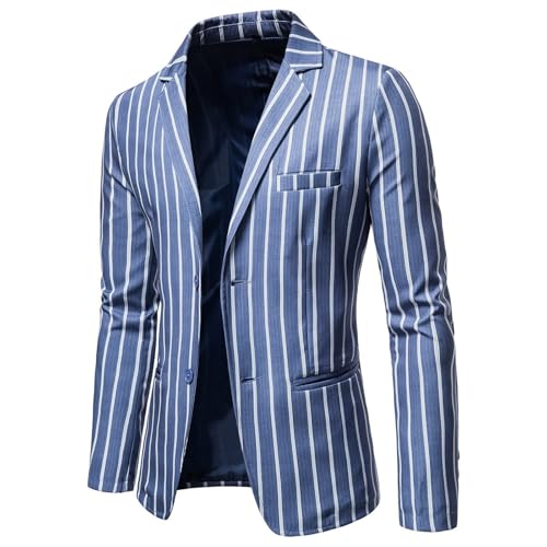 Lässiger stilvoller Blazer für Herren, schmale Passform, langärmelig, zwei Knöpfe, Anzugjacke, Vintage, gestreift, Sportmantel für Hochzeit, Party (Blau, 5XL) von SUIBOZ