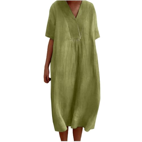 Leinenkleid für Damen, Sommerkleid, Übergröße, lässig, Midi-Kleid, Blumendruck, Boho-Kleider (Armeegrün, XXL) von SUIBOZ