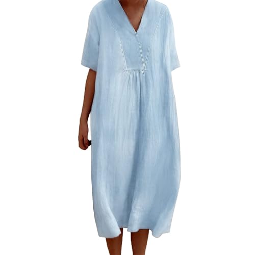 Leinenkleid für Damen, Sommerkleid, Übergröße, lässig, Midi-Kleid, Blumendruck, Boho-Kleider (Blau, M) von SUIBOZ