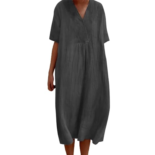 Leinenkleid für Damen, Sommerkleid, Übergröße, lässig, Midi-Kleid, Blumendruck, Boho-Kleider (Dunkelgrau, XL) von SUIBOZ