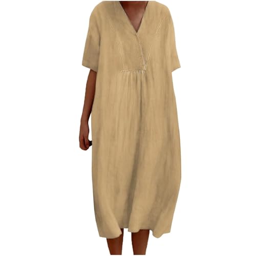 Leinenkleid für Damen, Sommerkleid, Übergröße, lässig, Midi-Kleid, Blumendruck, Boho-Kleider (Khaki, S) von SUIBOZ