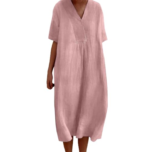 Leinenkleid für Damen, Sommerkleid, Übergröße, lässig, Midi-Kleid, Blumendruck, Boho-Kleider (Rosa, XXL) von SUIBOZ