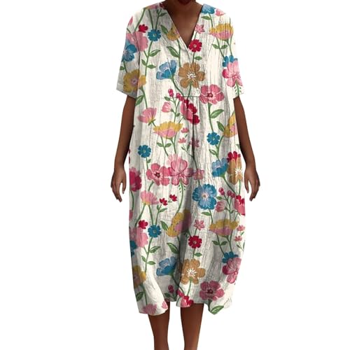 Leinenkleid für Damen, Sommerkleid, Übergröße, lässig, Midi-Kleid, Blumendruck, Boho-Kleider (TYPE - 1, XL) von SUIBOZ