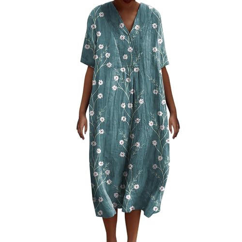Leinenkleid für Damen, Sommerkleid, Übergröße, lässig, Midi-Kleid, Blumendruck, Boho-Kleider (TYPE - 2, M) von SUIBOZ