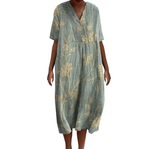 Leinenkleid für Damen, Sommerkleid, Übergröße, lässig, Midi-Kleid, Blumendruck, Boho-Kleider (TYPE - 3, S) von SUIBOZ