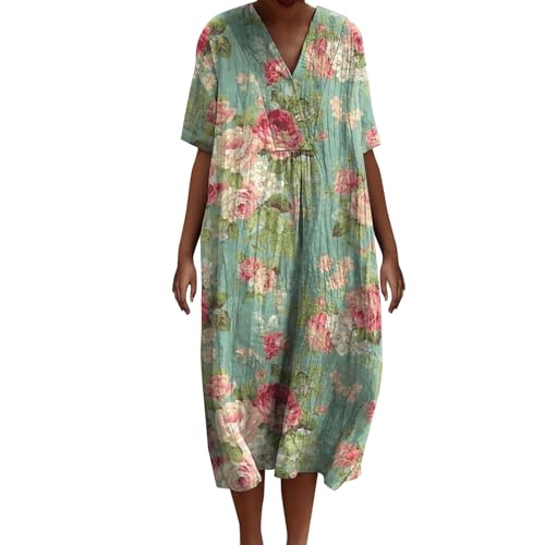 Leinenkleid für Damen, Sommerkleid, Übergröße, lässig, Midi-Kleid, Blumendruck, Boho-Kleider (TYPE - 5, L) von SUIBOZ