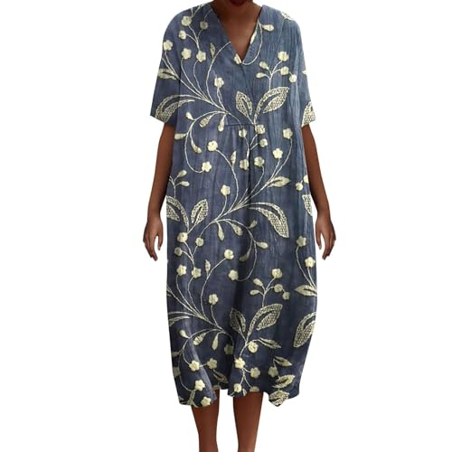 Leinenkleid für Damen, Sommerkleid, Übergröße, lässig, Midi-Kleid, Blumendruck, Boho-Kleider (TYPE - 7, M) von SUIBOZ