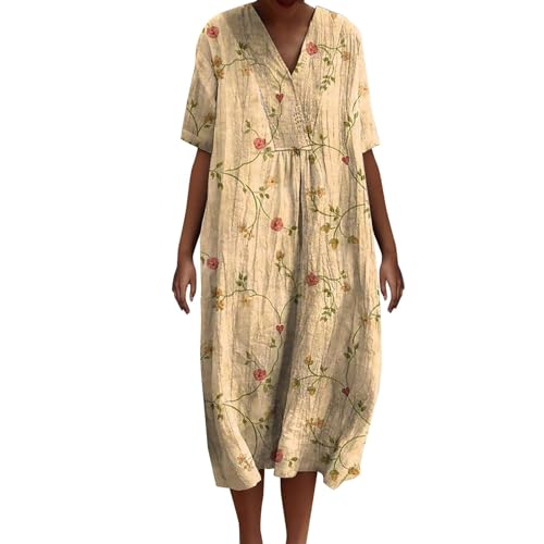 Leinenkleid für Damen, Sommerkleid, Übergröße, lässig, Midi-Kleid, Blumendruck, Boho-Kleider (TYPE - 8, XXL) von SUIBOZ