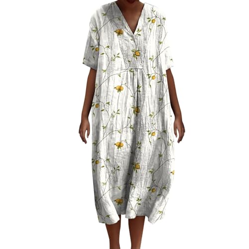 Leinenkleid für Damen, Sommerkleid, Übergröße, lässig, Midi-Kleid, Blumendruck, Boho-Kleider (TYPE - 9, M) von SUIBOZ