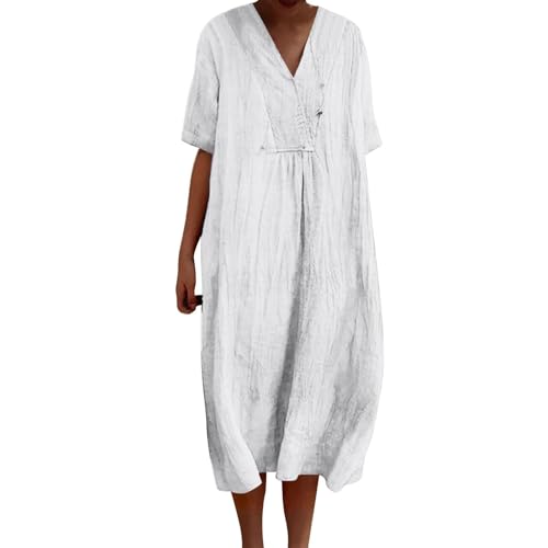 Leinenkleid für Damen, Sommerkleid, Übergröße, lässig, Midi-Kleid, Blumendruck, Boho-Kleider (Weiß, S) von SUIBOZ
