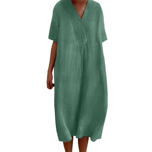 Leinenkleid für Damen, Sommerkleid, Übergröße, lässig, Midi-Kleid, Blumendruck, Boho-Kleider (grün, L) von SUIBOZ