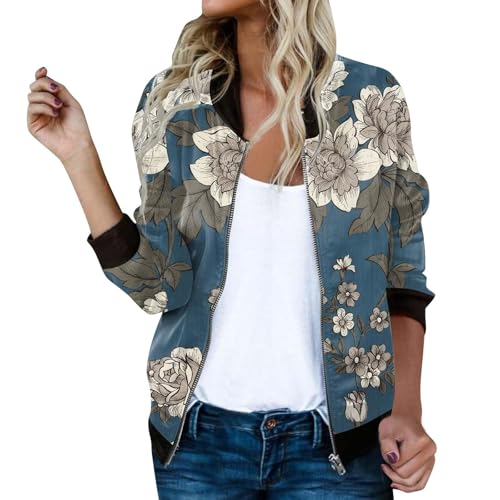 Pritn Bomberjacke für Damen, Blumenmuster, durchgehender Reißverschluss, schmale Passform, langärmelig, leicht, Baseballjacke, Mantel mit Taschen, Marineblau, Größe XXL Pritn Bomberjacke für Damen, Blumenmuster, durchgehender Reißverschluss, schmale Passform, langärmelig, leicht, Baseballjacke, Mantel mit Taschen, Marineblau, Größe XXL von SUIBOZ