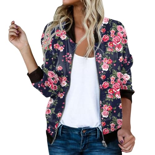 Pritn Bomberjacke für Damen, Blumenmuster, durchgehender Reißverschluss, schmale Passform, langärmelig, leicht, Baseballjacke, Mantel mit Taschen (Hot Pink, XXL) von SUIBOZ