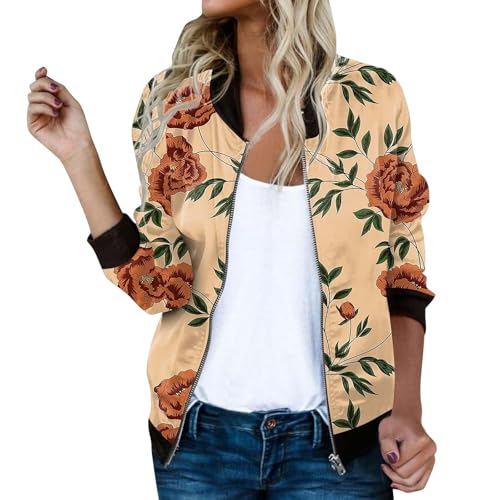 Pritn Bomberjacke für Damen, Blumenmuster, durchgehender Reißverschluss, schmale Passform, langärmelig, leicht, Baseballjacke mit Taschen, Gelb, Größe XL Pritn Bomberjacke für Damen, Blumenmuster, durchgehender Reißverschluss, schmale Passform, langärmelig, leicht, Baseballjacke mit Taschen, Gelb, Größe XL von SUIBOZ