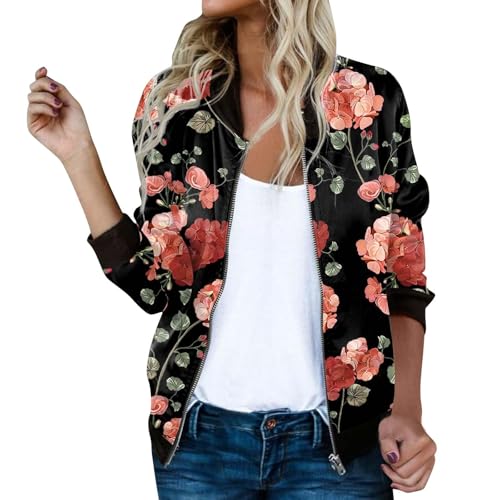 Pritn Bomberjacke für Damen, mit durchgehendem Reißverschluss, schmale Passform, langärmelig, leicht, Baseballjacke, Mantel mit Taschen, Wassermelonenrot, Größe M Pritn Bomberjacke für Damen, mit durchgehendem Reißverschluss, schmale Passform, langärmelig, leicht, Baseballjacke, Mantel mit Taschen, Wassermelonenrot, Größe M von SUIBOZ