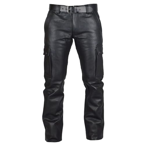 SUIBOZ Cargohose aus Kunstleder für Herren, gerades Bein, Stretch, Motorrad, Biker, Mode, Punk, Retro, Gothic, Hip-Hop-Hose (Schwarz, L) von SUIBOZ
