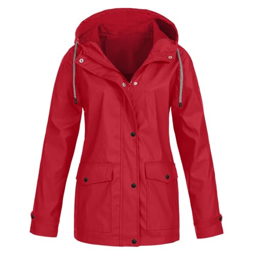 SUIBOZ Damenmantel, wasserdichte Jacke, Wintermäntel für Damen, Übergröße, solide, Outdoor-Sportbekleidung mit Kapuze, solide Regenjacke, wasserdicht, winddicht, lockeres Oberteil für den Winter, Rot von SUIBOZ