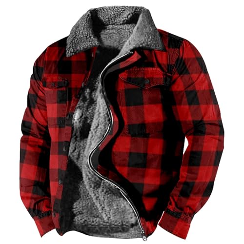 SUIBOZ Gepolsterte Flanelljacke für Herren, kariert, Winter-Fleece, dick, gesteppt, Arbeitskleidung, warmes Thermo-Fleece-Fell gefüttert, Oberteil, Freizeitmantel (Nr. 14#rot, XXL) von SUIBOZ