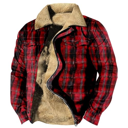 SUIBOZ Gepolsterte Flanelljacke für Herren, kariert, Winter-Fleece, dick, gesteppt, Arbeitskleidung, warmes Thermo-Fleece-Fell gefüttert, Oberteil, lässiger Mantel (Nr. 24, Rot, L) von SUIBOZ