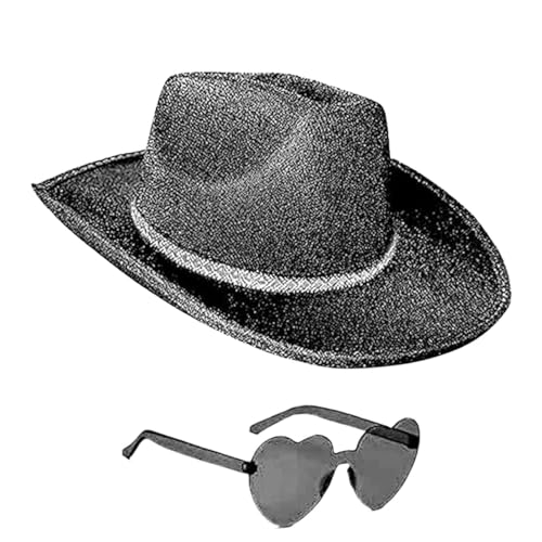 SUIBOZ Glitzernder Cowboyhut | Disco Cowgirl Hut, Party-Requisiten für Musikfestivals & besondere Anlässe (Flash Black Diamond Cowboyhut + Brille) von SUIBOZ