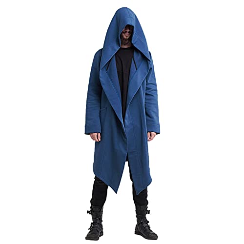 SUIBOZ Herren Dunkelschwarz Gothic Vintage Lange Jacke Retro Punk Steampunk Wind Umhang Mantel Knopf Kapuze Cardigan (Blau, L) von SUIBOZ