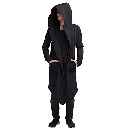 SUIBOZ Herren Dunkelschwarz Gothic Vintage Lange Jacke Retro Punk Steampunk Wind Umhang Mantel Knopf Kapuze Cardigan (Schwarz, M) von SUIBOZ