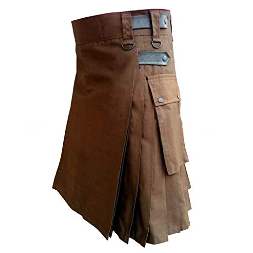 SUIBOZ Herren-Kilt für Herren, taktischer Kilts für Herren, irischer schottischer Kilts, Herren-Rock mit Cargotaschen, Braun, Größe L von SUIBOZ