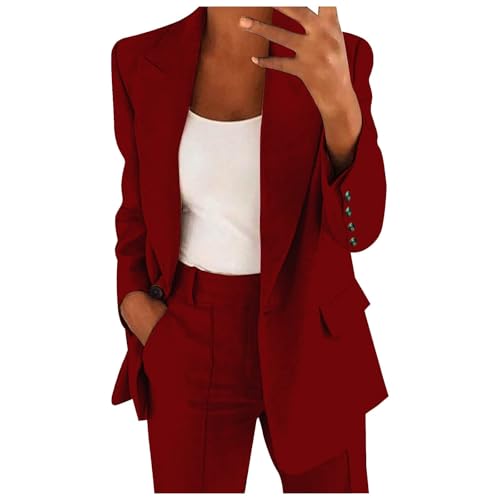 SUIBOZ Lässiger Business-Blazer für Damen, professionelle Anzugjacke mit Taschen, vorne offen, Reverskragen, Cardigan (Wein, S) von SUIBOZ