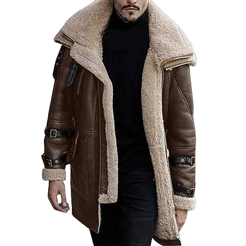 SUIBOZ Schwere Lederjacke für Herren, Kapuze, warmer Kunstleder-PU-Wintermantel, Tasche, Gürtel, Pelzfutter, Motorrad-Bikerjacken (Kaffee, M) von SUIBOZ
