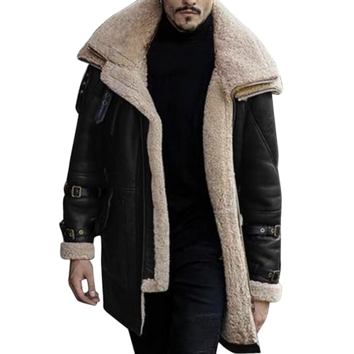 SUIBOZ Schwere Lederjacke für Herren, Kapuze, warmer Kunstleder-PU-Wintermantel, Tasche, Gürtel, Pelzfutter, Motorrad-Bikerjacken (Schwarz, Größe 5XL) von SUIBOZ