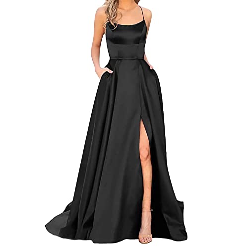 SUIBOZ Spaghetti-Korsett Meerjungfrau Satin, Ballkleider für Damen, lang, geteilt, formell, Abendkleid, Partykleid (Schwarz, Größe 3XL) von SUIBOZ