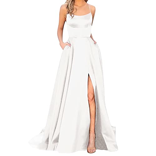 SUIBOZ Spaghetti-Korsett Meerjungfrau Satin Ballkleider für Frauen lang geteilt formell Abend Party Kleid (Weiß, S) von SUIBOZ