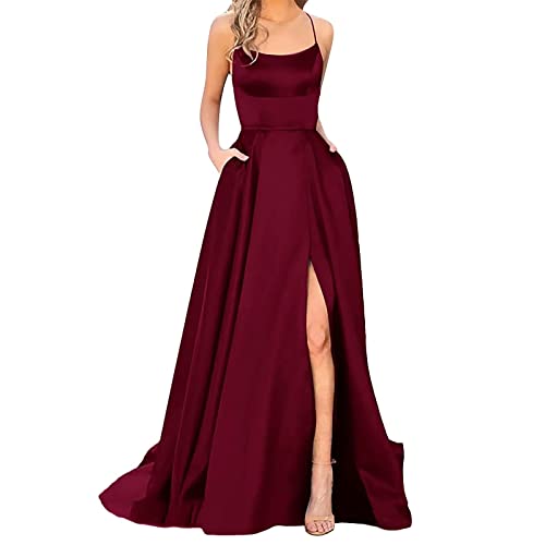 SUIBOZ Spaghetti-Korsett Meerjungfrau Satin Ballkleider für Frauen lang geteilt formelle Abendparty Kleid (Rot, S) von SUIBOZ
