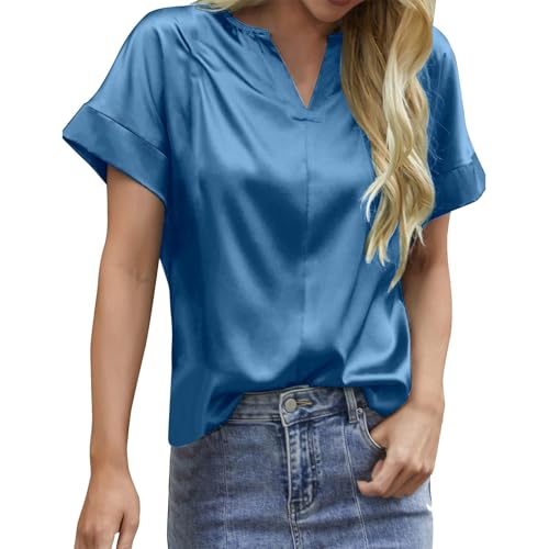 Satin-Hemden für Damen, aufrollbar, kurzärmelig, Button-Down-Shirt, lässig, Sommer, V-Ausschnitt, elegante Arbeitsblusen (Blau, M) von SUIBOZ