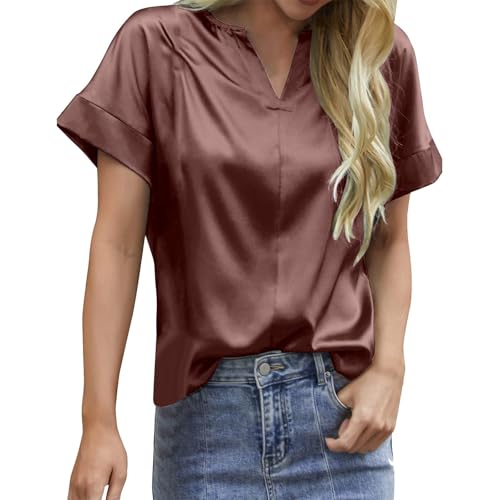 Satin-Hemden für Damen, aufrollbar, kurzärmelig, Button-Down-Shirt, lässig, Sommer, V-Ausschnitt, elegante Arbeitsblusen (Braun, M) von SUIBOZ